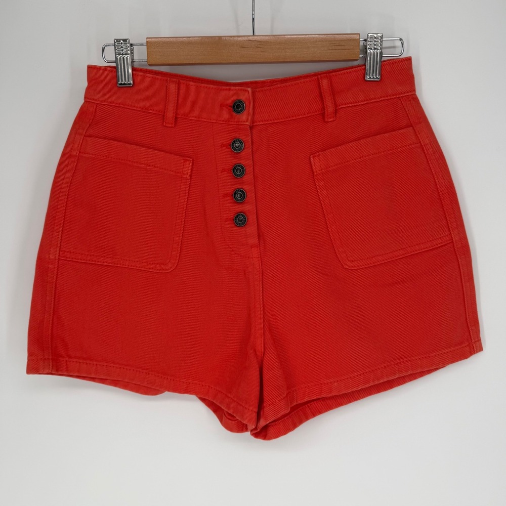 Obey Red High-Rise Button-Front Jean Shorts